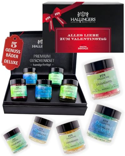 Hallingers Genuss Manufaktur Badesalze Weihnachts-Geschenk-Set - 5x Badezusatz mit Totes Meer Badesalz edle Geschenkbox, Badekristalle Fußbad & Spa Frohe Weihnachten, Weihnachten für Frauen Männer