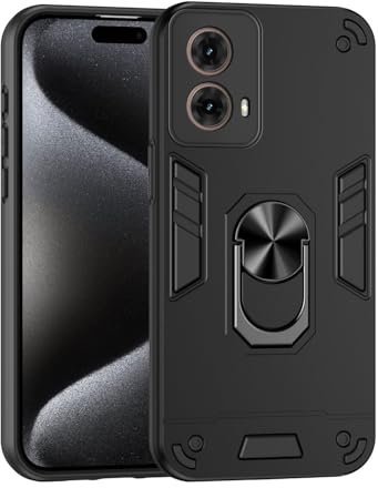 ILING Coque pour Motorola Moto G85 5G, Antichoc Rigide PC Silicone TPU Bumper Étui de Militaire Protection, 360° Anneau Support Renforcée Armure Housse (Noir)