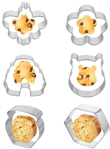 Thinp Lot de 6 emporte-pièces en forme d'abeille - Ourson, abeilles, ruche, nid d'abeille hexagonal, fleur et pot à miel - Emporte-pièces en acier inoxydable pour décoration de fête