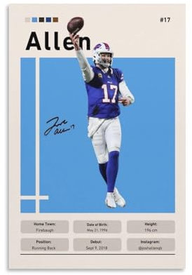 GPIUWEVF Josh Allen Poster, Buffalo Bills Poster, Sportposter, Basketballposter, Leinwandposter, Schlafzimmer-Dekor, Landschaft, Büro, Raumdekoration, Geschenk, 30 x 45 cm
