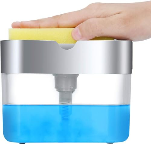 Dish Soap Dispenser With Sponge Holder For Kitchen Sink Counter Top 2 In 1 Liquid Soap Dispenser Hand Press Refillable Pump Dispenser For Dish Washing