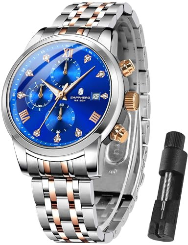 SAPPHERO Uhren Herren herrenuhr Edelstahl 50M wasserdicht armbanduhren für Herren leuchtende stilvolle Herren Geschenk Armbanduhr Datumsanzeige analogem Quarz armbanduhren Herren Gold-Blau