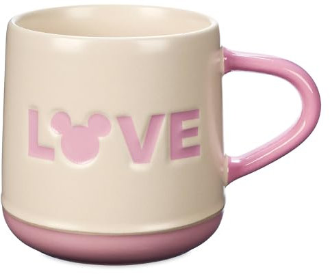 Disney Store Official Mug Mickey, 425 ml, tasse beige et rose, inscription Love, adapté au lave-vaisselle et au micro-ondes