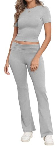 IWOLLENCE Lounge Set Damen Zweiteiler Hausanzug Kurzarm Oberteil mit Breitem Elastischem Hosenbund Schlaghose Loungewear Set (Hell Grau, L)