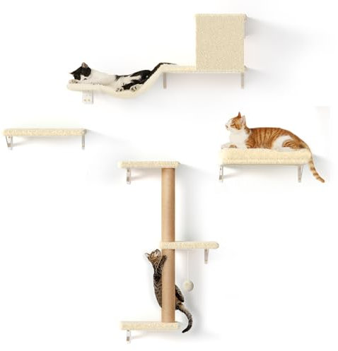 FUKUMARU Kletterwand Katzen Set, 10-teilig Katzen Kletterwand Set, aus robuster Multiplexplatte,Hängematte Katze mit Katzenhaus, Katzenbrücke, Katzenbaum, Katzentreppe bis zu 18 kg, Beige