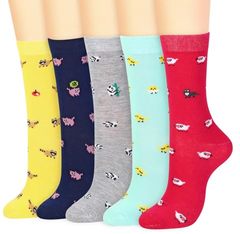 Vinsani 5 Pairs Cute Animal Print Socks Fun Colorful Cotton Socks | One Size Fits All Soft Breathable Comfortable Everyday School Casual Wear Size 4-7 Over-ankle