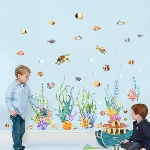 Supzone Adesivi Piastrelle Bagno, Adesivi Murali Bambini - Set Decorazioni Mare con Tartarughe, Alge e Animali Marini, Adesivi da Parete Rimovibili per Cameretta Bimbo, Nursery e Asilo