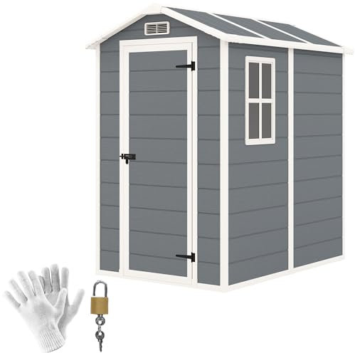Outsunny 4 x 6ft Garden Shed, Plastic Shed with Floor, Window, Lockable Door and Vents, Resin Tool Shed for Outdoor Patio Storage, Zero Maintenance, Grey