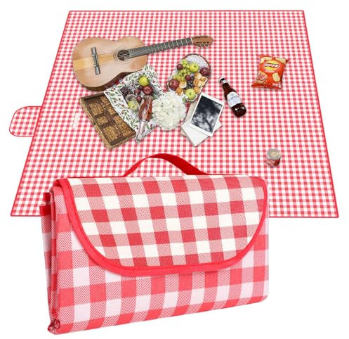 Picknickdecke Isoliert Picknickdecke Wasserdicht Picnic Blanket Stranddecke mit Wasserdichter Unterseite Tragbare Strandmatte für 4-6 Personen Faltbare Waschbar Outdoor Campingdecke Rot