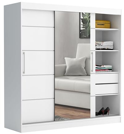 Brent - Kleiderschrank mit Spiegel und Schubladen 200cm Breit Chelsea Tomy, Schwebetürenschrank mit Spiegel, Schlafzimmerschrank, Kleiderschrank Weiß/Weiß