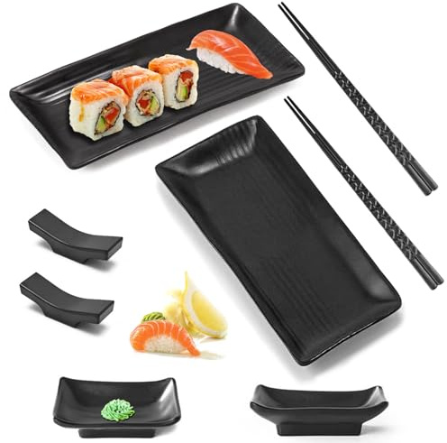 qhklew 8 PCS Japanisches Sushi Geschirr Set, Sushi Platte mit Dipschalen, mit 2 Paar Essstäbchen, 2 Essstäbchenablagen, 2 Teller, 2 Dipteller, Geeignet für Restaurants, Familien und Hotels