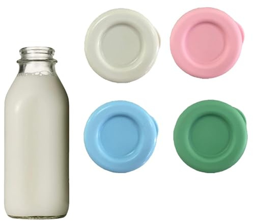 Dinghaole 4Pcs Silicone Milk Bottle Cap, Reusable Glass Milk Bottle Leak Proof Cap - Universal Bracket (White, Pink, Blue, Green)