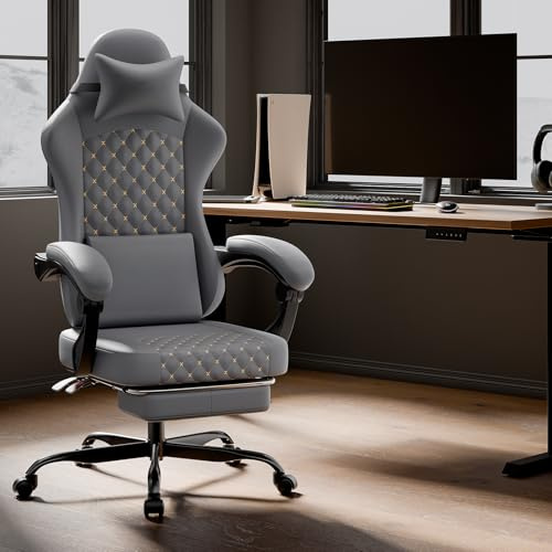 vutizal Gaming Stuhl mit Massagefunktion & Fußstütze - Ergonomischer Bürostuhl bis 150kg Belastbarkeit - Verstellbar mit Kopf- und Lordosenstütze für Homeoffice & Büro (Grau)