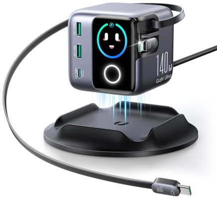 JOYROOM PODIX 140W 5‑in‑1 GaN Ultra Ladelstation, USB‑C Schnellladegerät mit 2 retraktablen 100W Kabeln (80 cm), 1,54 Smart LCD‑Anzeige, kompatibel mit MacBook, iPhone, Samsung | Für Büro & Zuhause