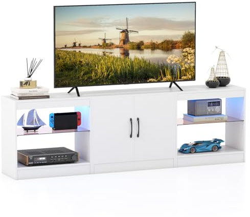 COSTWAY Mueble de TV para Televisores hasta de 85 Pulgadas, Mesa de TV 3 en 1 con Luces LED y Estantes de Vidrio Ajustables, Mueble de Salón Modular de 3 Piezas, Moderno, 195x30x55 cm (Blanco)