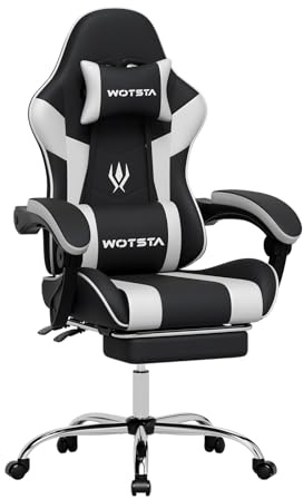 WOTSTA Chaise Gaming, Ergonomique Fauteil Bureau, Hauteur Réglable, Siege Gaming avec Repose-Pieds TÉlescopique, Chaise Bureau avec Support Lombaire, Dossier Inclinable à 135° Noir et Blanc