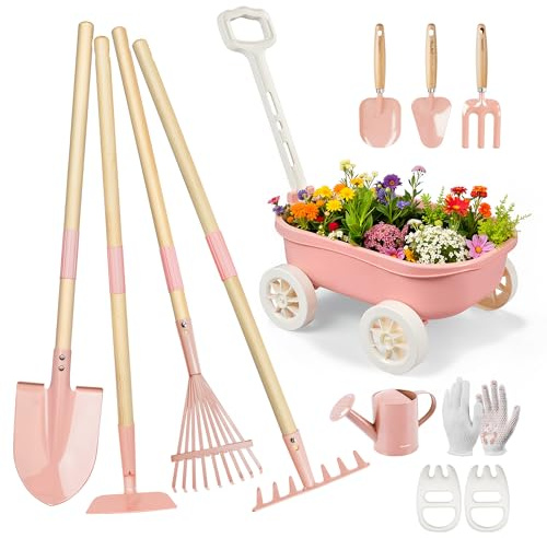Grenebo Kids Gardening Set with Wheelbarrow, 11-Piece Outdoor Yard, Beach, STEM Garden Play Kit with Child-Sized Tools, Durable, Safe & Fun Gift Toy for Ages 2+ Kids Toddlers Boys Girls (Pink)
