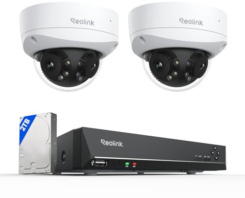 Reolink 16MP UHD 180° Pan Cam Sécu PoE Double Objectif, 2X Duo 3V PoE avec Suivi Mouvements, Vision Nocturne Couleur, IK10 Anti-Vandal, Ensemble 4K PoE NVR 8 Canaux avec Disque Dur de 2TO