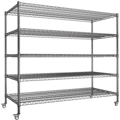 5 Tier Heavy Duty Wire Shelving Unit,1600 KG Metal Shelving Unit for Storage,Garage Shelving Units,Rolling Storage Rack on Wheels,Adjustable Shelves & Leveling Feet,for Kitchen Garage,152x61x182CM