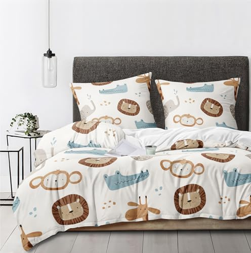 Boqingzhu Kinder Bettwäsche 135x200 cm Tiere 2tlg. - Weiß | Löwen, Giraffen, Affen, Elefanten, 3D Mikrofaser mit Reißverschluss, OEKO-TEX Zert, Sicher, Weich, für Mädchen und Jungen