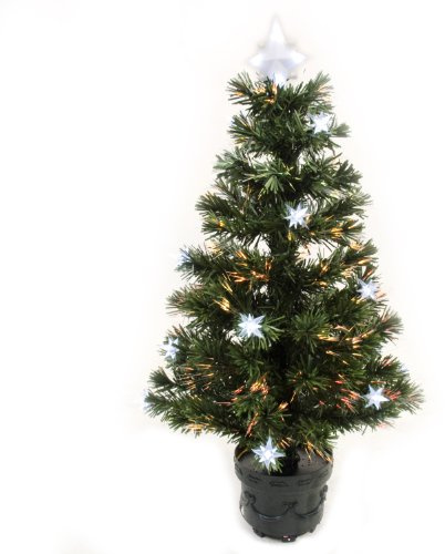 WeRChristmas 3 ft Pre-Lit Fibre Optic Christmas Tree with 16-Star Decorations, White/ Green