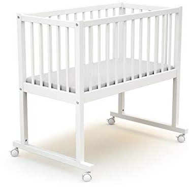 AT4 - Baby Wiege bett Holz mit rollen 40x80 ESSENTIEL Weiß| 86 x 58,5 x 80 cm | Babybett mit Matratze inklusive 40x80x5cm | 4 multidirektionale Räder | Leicht zu bewegen