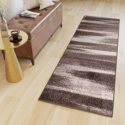 TAPISO Sari Teppich Läufer Flur Braun Beige Kurzflor Verwischt Streifen Meterware Brücke nach Maß Küche Wohnzimmer Schlafzimmer ÖKOTEX 80 x 180 cm