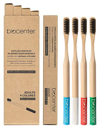 BIOCENTER Cepillos de dientes de Bambú para ADULTO - Caja de 4 unidades