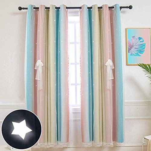 CoutureBridal Vorhang Blickdicht Ösenschal Gardinen und Vorhänge Kinderzimmer Schlafzimmer Rosa Blau Gelb Bunt Sterne Voile Verdunkelungsvorhänge für Kinder Mädchen,1 Stück (H 137 x B 132 cm)