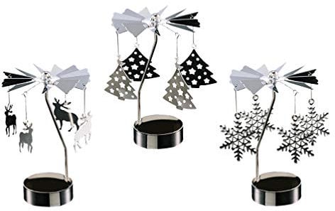KALLORY 3pcs Rotary Tealight Holder Xmas Tree Elk Deer Snowflake Pattern Carousel Spinning Tea Light Candle Stand Cup Holiday Tabletop Ornament for Home Restaurant without Candle