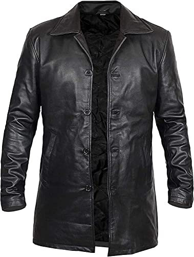 Hafsah Men's Black Car Coat - XXL, Classic Leather Trench Coat - Black, Long, Straight Fit, All Seasons, Cold Weather Protection