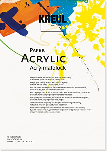 KREUL 69041 - Acrylmalblock, DIN A4, 10 Blatt, naturweiß, feinstrukturierte Oberfläche, vierseitig geleimt, säurefrei und alterungsbeständig, ideal für Malerei mit Acrylfarben, Ink und Markern