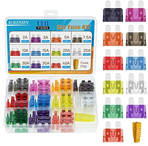 AUKENIEN 110 Stück Standard Auto Sicherungen KFZ Flachsicherungen Stecksicherungen PKW Autosicherungen Set Gemischt 2A 3A 5A 7.5A 10A 15A 20A 25A 30A 35A 40A mit 1 Stück Sicherungszieher