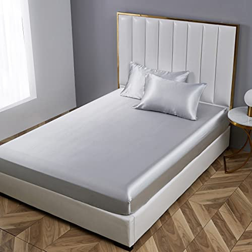 Damier Spannbettlaken 140x200cm Grau Satin Seide Glänzend Bettlaken Hochwertiges Deluxe Unifarben Spannbetttuch, geeignet für Matratzen bis 30cm