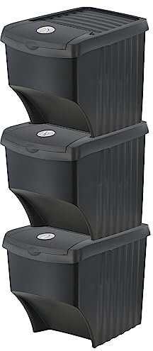 GEEZY 22L Grey Open Fronted Set Of 3 Large Stackable Waste Recycling Bins With lids Indoor Outdoor Kitchen Garden Durable Plastic Dustbin With Guided Stickers