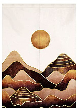 Oduo Japanischer Noren Lang Vorhang Türvorhang, Gardinen Tür Vorhang Tapisseri Baumwolle Leinen kurz Vorhänge Restaurant Küche Türvorhänge Schattierung Hälfte Vorhang,Sonne (85x150cm,Goldener Berg)