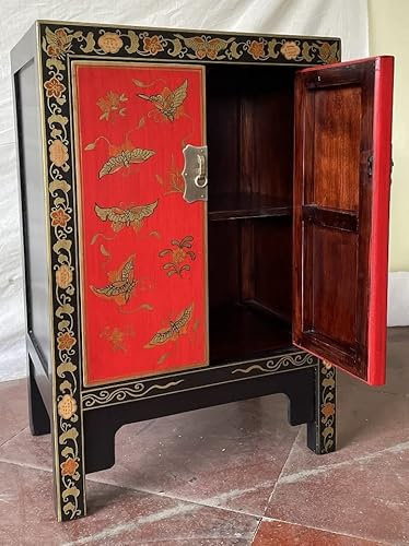 Kunibert Antike chinesische Kommode Tibet Anrichte Asia Sideboard Chinakommode mit 2 Türen und 2 Regalablageflächen Breite57xHöhe85cm Farbe: Rot mit schwarz