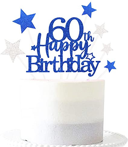 Glittery 60th Cake Topper with Star men women 60 Birthday Party Supplies, Sixty Years Old Birthday Party Decorations Royal Blue