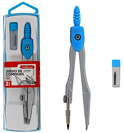 STARPLAST Zirkel SET - 4 Farben inkl. 1 Röhre mit Mine + Schutzbox für Büro oder Schule - Blau