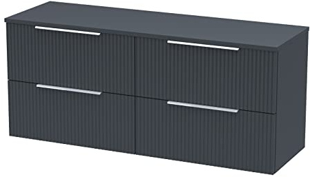 Hudson Reed DFF1493W2 Fluted Modern Bathroom Wall Hung 4 Drawer Double Vanity Unit with Colour Matched Worktop, 1200mm, Soft Black