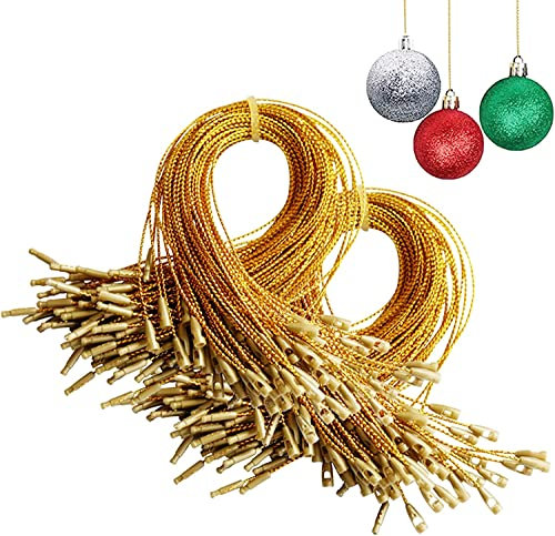 CHENGYOUOUM 200 Stück Weihnachtsschmuck Aufhänger Schnur, Goldband Ornament Haken Seile, vorgeschnittene Schnur mit Druckknöpfen zum Verriegeln für Weihnachtsschmuck-Hängedekorationen