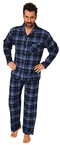 Normann Durchgeknöpfter Herren Flanell Schlafanzug Langarm, Pyjama mit Karo-Muster, Farbe:Marine, Größe:50
