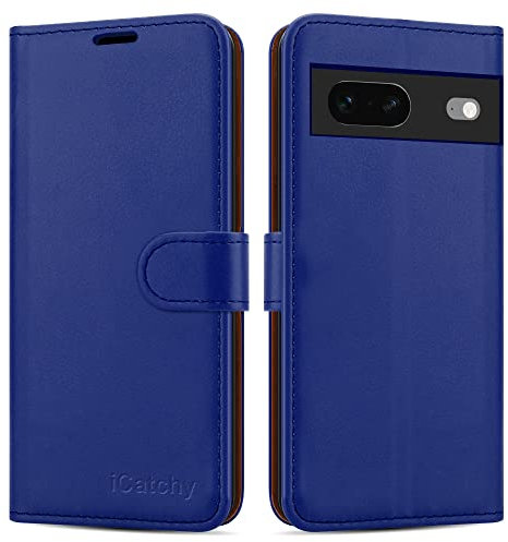 iCatchy for Google Pixel 7 Case Leather Wallet Book Flip Folio Stand View Cover with Card Slots and Kickstand for Google Pixel 7 Phone Cover (Blue)