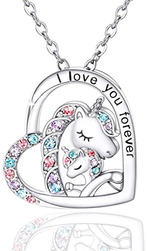 MAKOBLESSMOMO Einhorn Herz Halskette für Mädchen, I Love You Forever Einhorn Schmuck Geschenke für Mädchen Mütter Tochter Enkelin Nichte