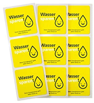 Aufkleber Energie sparen - 9 Stück - 5x5 cm - Sticker mit Hinweisen für Büro und Arbeitsplatz - verschiedene Motive - gelb 50 x 50 mm - selbstklebend, wieder ablösbar (Wasser sparen!)