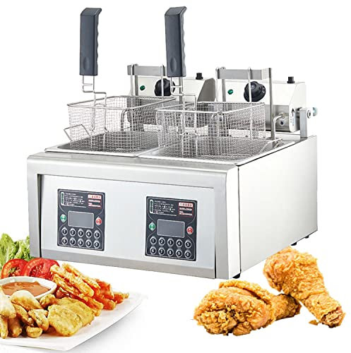 Freidora de Profundidad Comercial Freidoras Eléctricas Tanque con Cesta y Tapas Freidora Eléctrica para Encimera para Restaurante para Comida Crujiente Igual de Restaurante, Plateado,8lx2