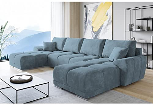 ML Furniture Velvet Ecksofa in U-Form – Marine Sofa – Couch mit Stauraum und Kissen - Ausziehbares Schlafsofa – Sofa mit Schlaffunktion - Schlafsofa mit Bettkasten – Gästebett – 365 x 189 cm