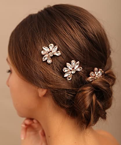 Chargances 3pcs Rose Gold Rhinestone Hair Comb Bride Wedding Crystal Hair Comb Elegant Flower Rhinestone Handmade Hair Accessory Dainty Head Piece for Women Bridesmaid Girls (Rose Gold)