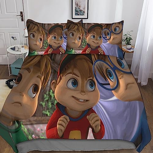 Alvin And The Chipmunks 3d Bettbezug Set Mit Kissenbezüge Bettlaken, Süße Spannbetttücher Bettbezüge ,Dekoration Bettwäsche Set Mit Kissen Sham Bettwäsche Cover Set 3 Stück,3d-Bettdeckenbezug Mit Rei