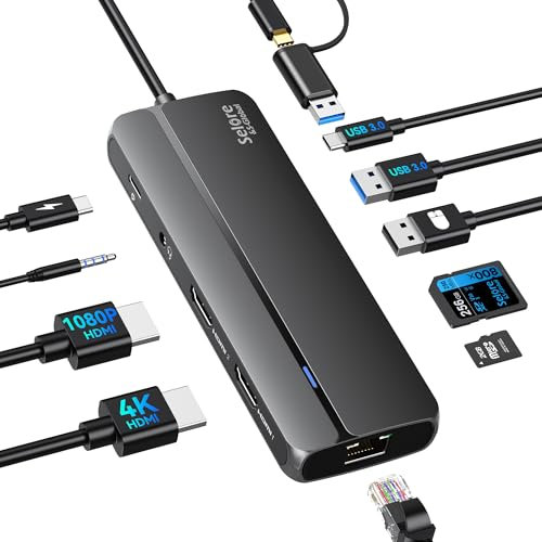 USB 3.0 A/C Dockingstation Dual HDMI, 10 in 1 Laptop USB C Hub Duale Monitore mit 2 HDMI, USB A/C 3.0, USB 2.0, SD/Micro SD, RJ45, PD 3.0, 3.5mm Audio/Mic, Erweiterungsmodus für Windows& macOS Laptop